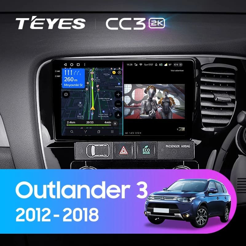 Штатная магнитола Teyes CC3 2K 360 6/128 Mitsubishi Outlander 3 GF0W GG0W (2012-2018) Тип-A Правый руль